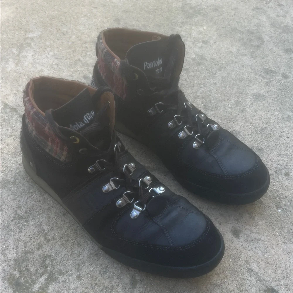 Pantofola d'Oro Mens Black LeatherSuede wool Plaid Hi Too Sneaker Size 43/9.5-10